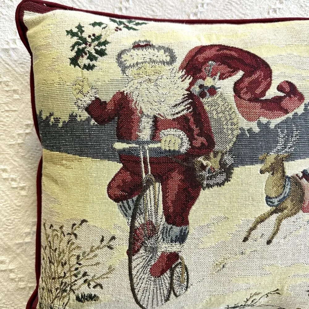 Vintage Santa Tapestry Throw Pillow Holiday Christmas Decor Unicycle Bunny 17x16
